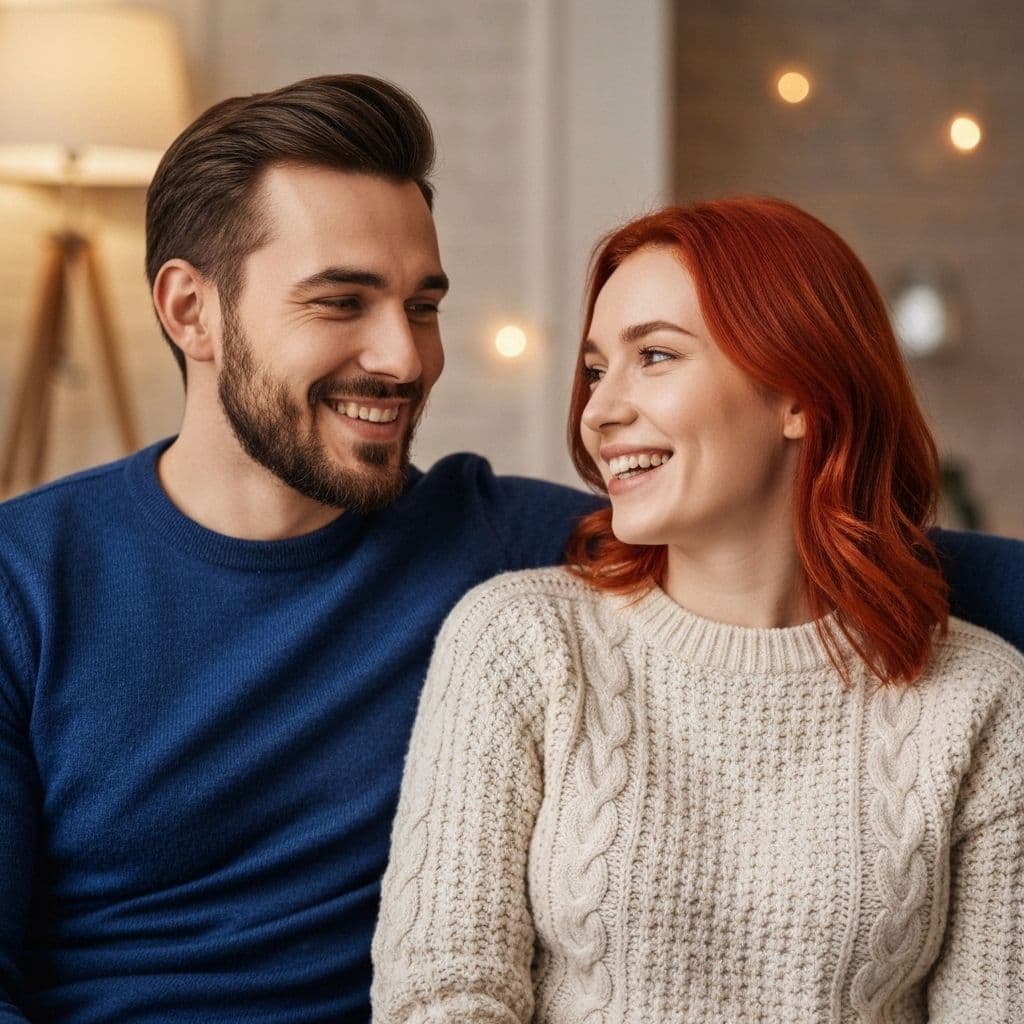 A couple smiling warmly together on a video call