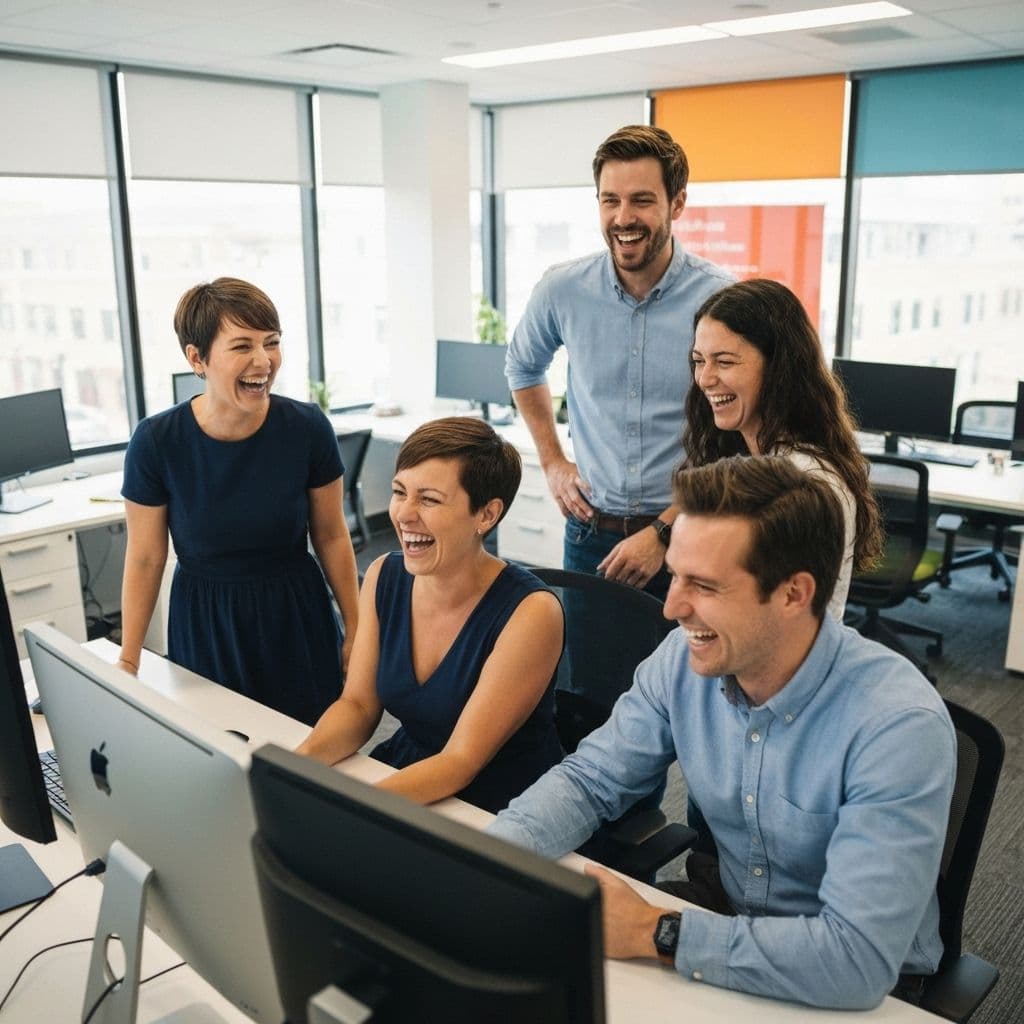 A diverse office team laughing together during a meeting
