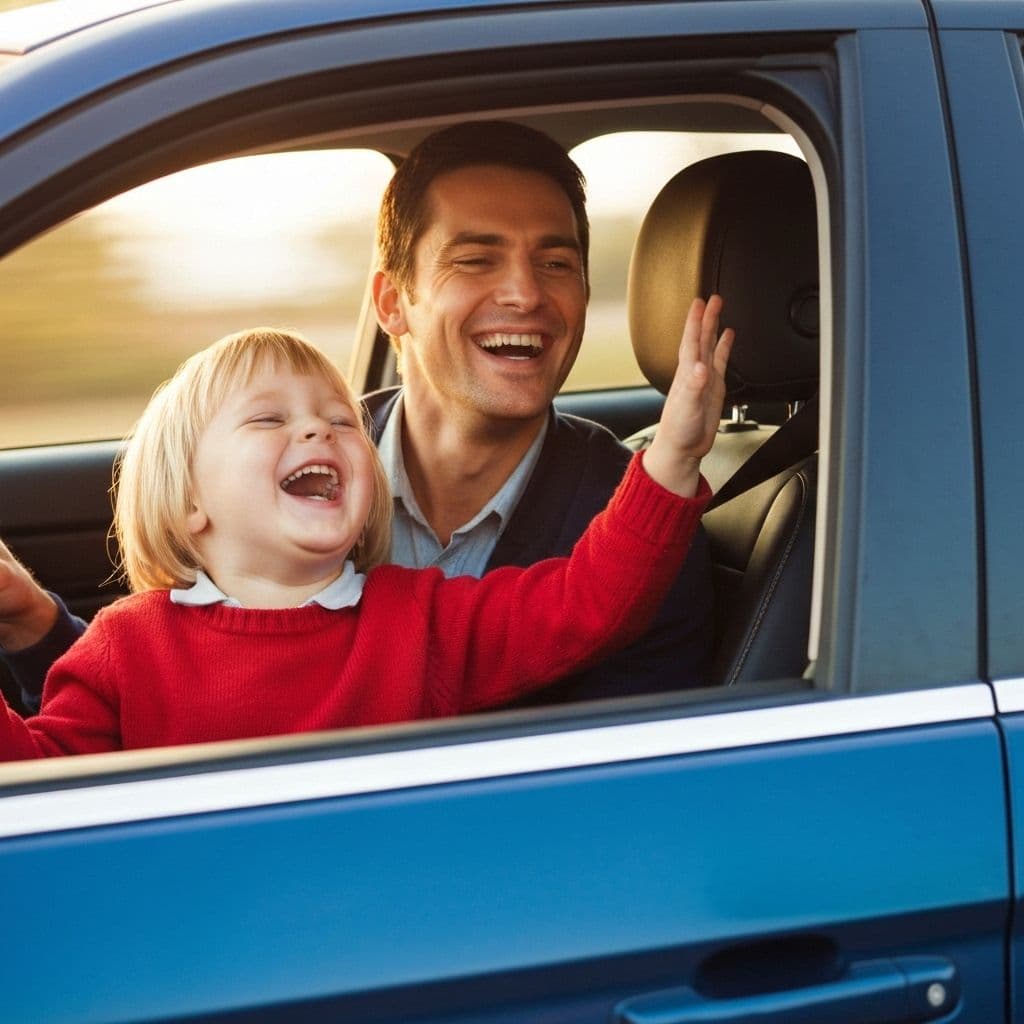A parent and child laughing together in the car after school