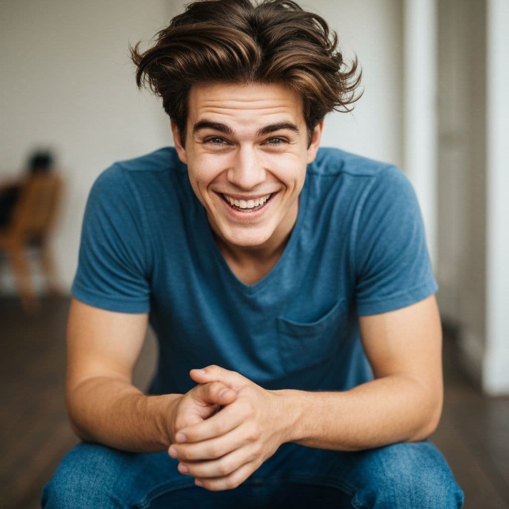 A person smiling warmly, relaxed and at ease